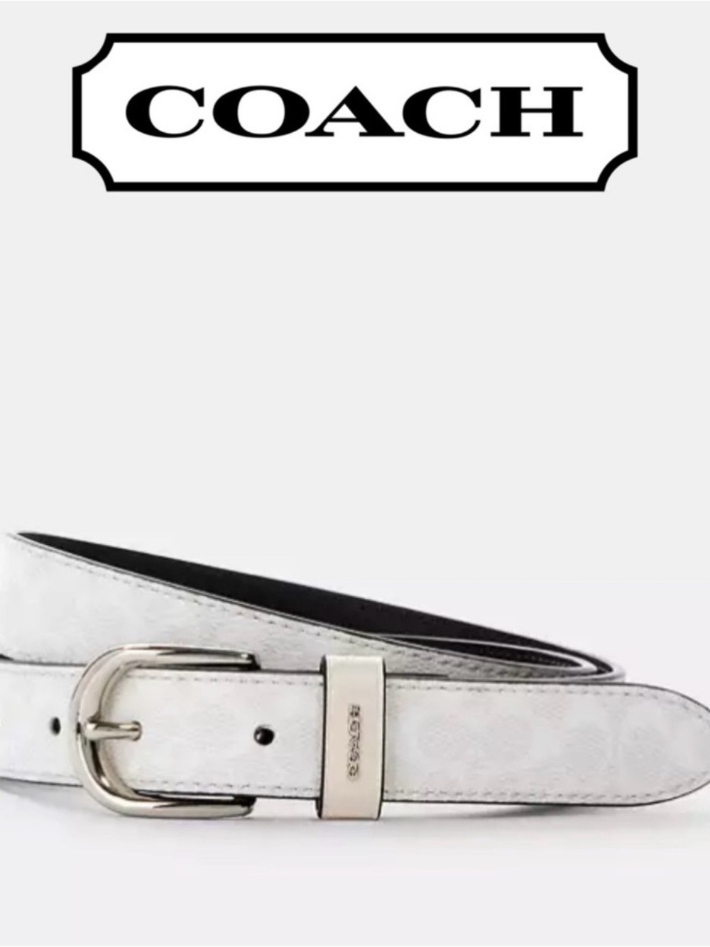 Coach Women’s White Signature Leather Belt with Silver Buckle